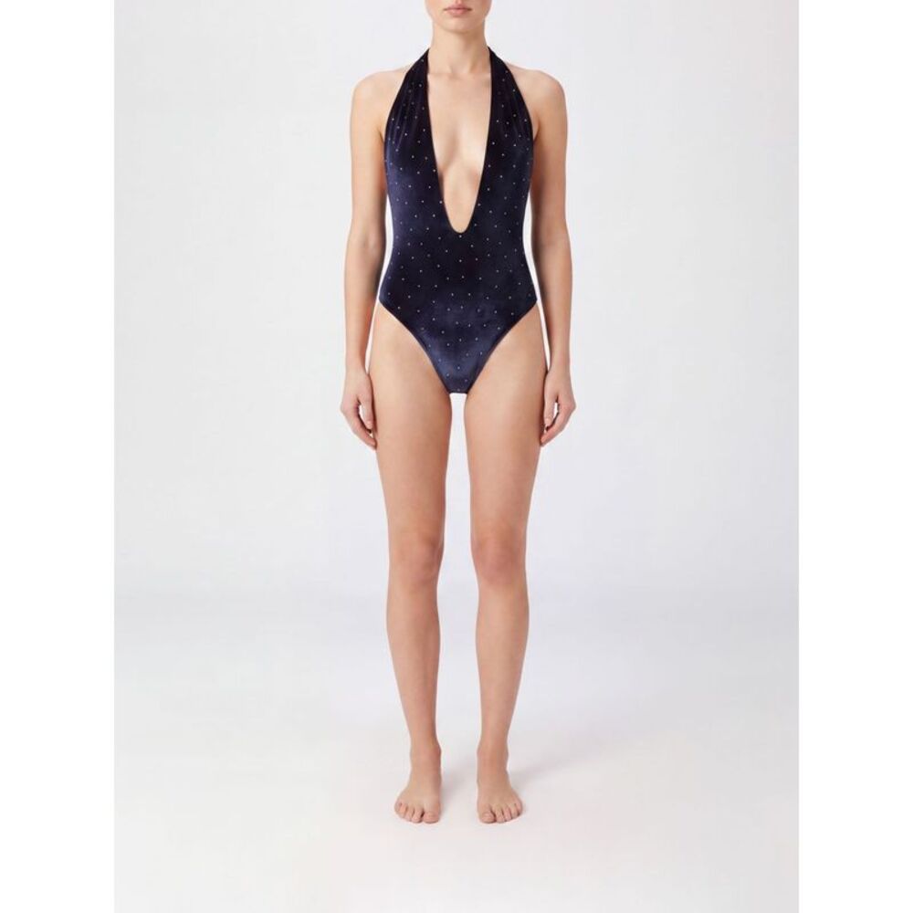 Balmain Women Balmain Plunging V-Neck Crystal-Embellished Velvet Swimsuit